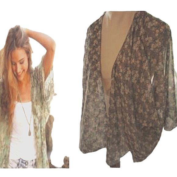 Kimono BEACH COVERUP Top ONE SIZE Moss Green Daisies Sheer Boho Coastal Beachy - Picture 1 of 8
